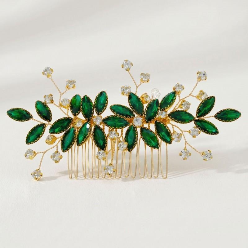 Elegant Green Crystal Leaf Hair Comb Wedding Birthday Party Office Wear Handmade Luxury Accessory