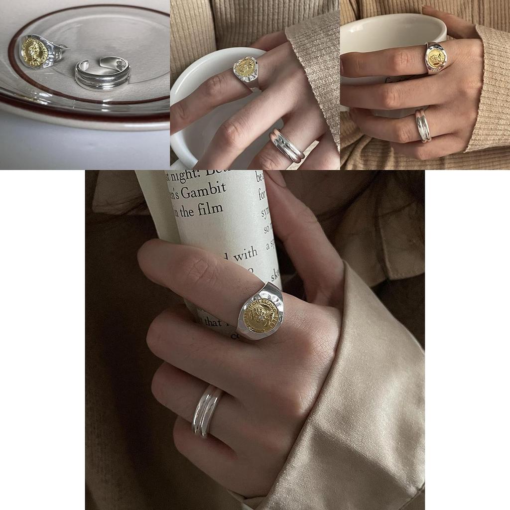 Stylish Adjustable Geometric Ring For Women Featuring Unique Coin Design And Two-tone Colors