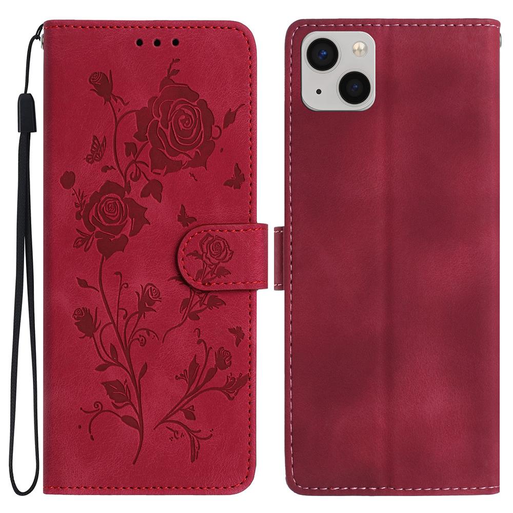 For iPhone 14 Wallet Case Rose Pattern Imprinted Leather Flip Stand Phone Cover