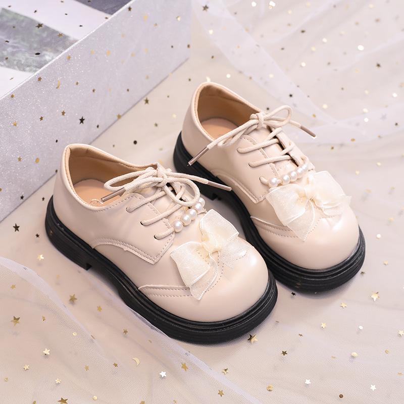 Girls' leather shoes 2025 early spring new children's princess shoes British style solid color bow pearl soft sole single shoes