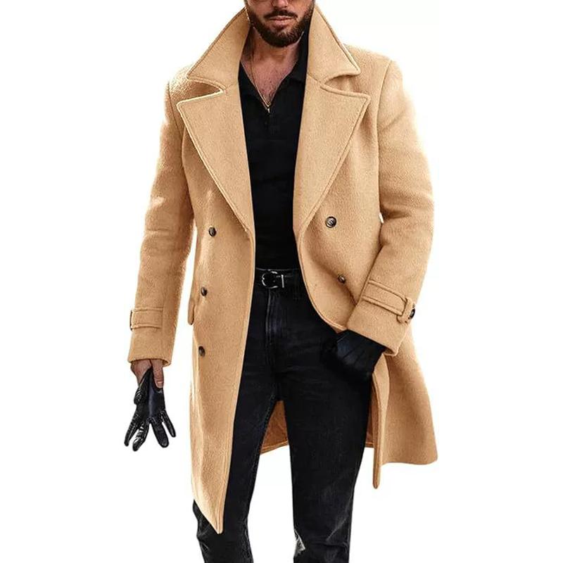 

Autumn Winter Men s Casual Lapel Double-Breasted Woolen Overcoat Male Solid Thicken Outdoor Wool Trench Coat Classic Windbreaker M хакі