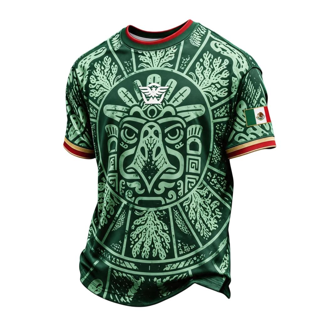 Men's National Team Support T Shirt Mexico Soccer Fan Jersey Short Sleeve Casual Football Top with Printed Design and Flag Patch