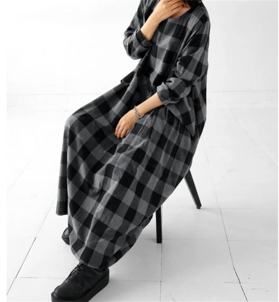 Maxi Checkered Long Loose Midi Long Maxi Winter One Size Fits [Mouhoukyo] Women's Dress, Pattern, Sleeves, Fit, Length, Length, Spring, Autumn, (Color