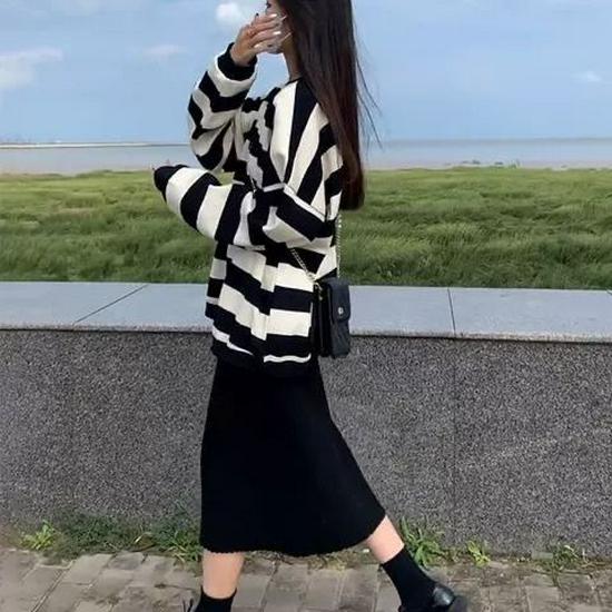 Damen Gestreiftes Hoodie-Rock-Set - Frühling/Herbst Koreanischer Stil
