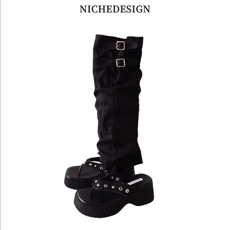 Designer Women's Sandal Boots Toe Clip Platform Sole Belt Buckle Women Shoes Personality Two Ways To Wear Zapatillas De Mujer