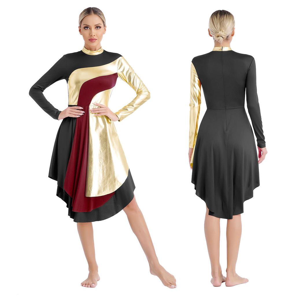 Women Color Block Liturgical Praise Dance Dress Church Worship Costume Lyrical Irregular Hem Dancewear