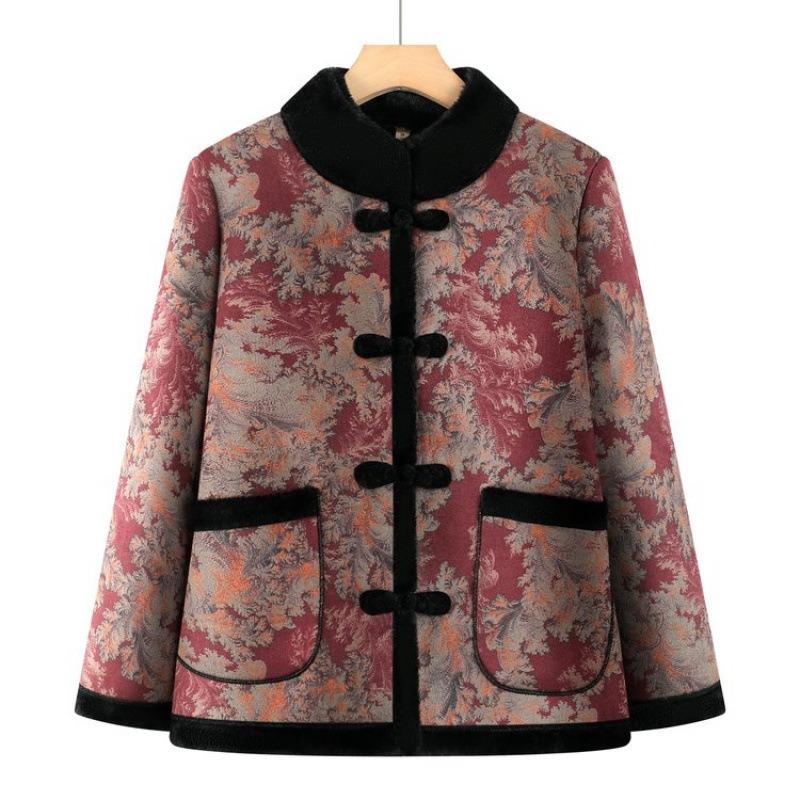 Middle-aged and old velvet floral jacket, padded jacket, thickened top to keep warm, Chinese-style disc-buckled padded jacket, padded coat women