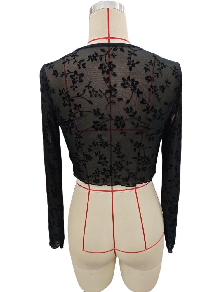 Spring Elegant Women's Transparent Mesh Flocking Front Tie Long Sleeve Top Versatile Closet Essential Fashion Items Shirt