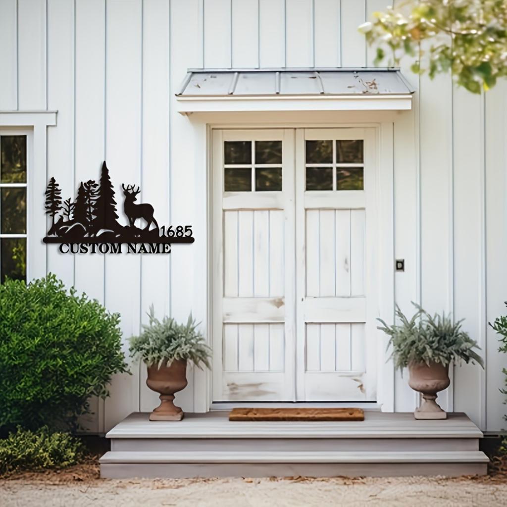 Custom Rustic Metal Address Sign Customizable Forest Pine Tree Design Deer Accent Outdoor House Number Plate