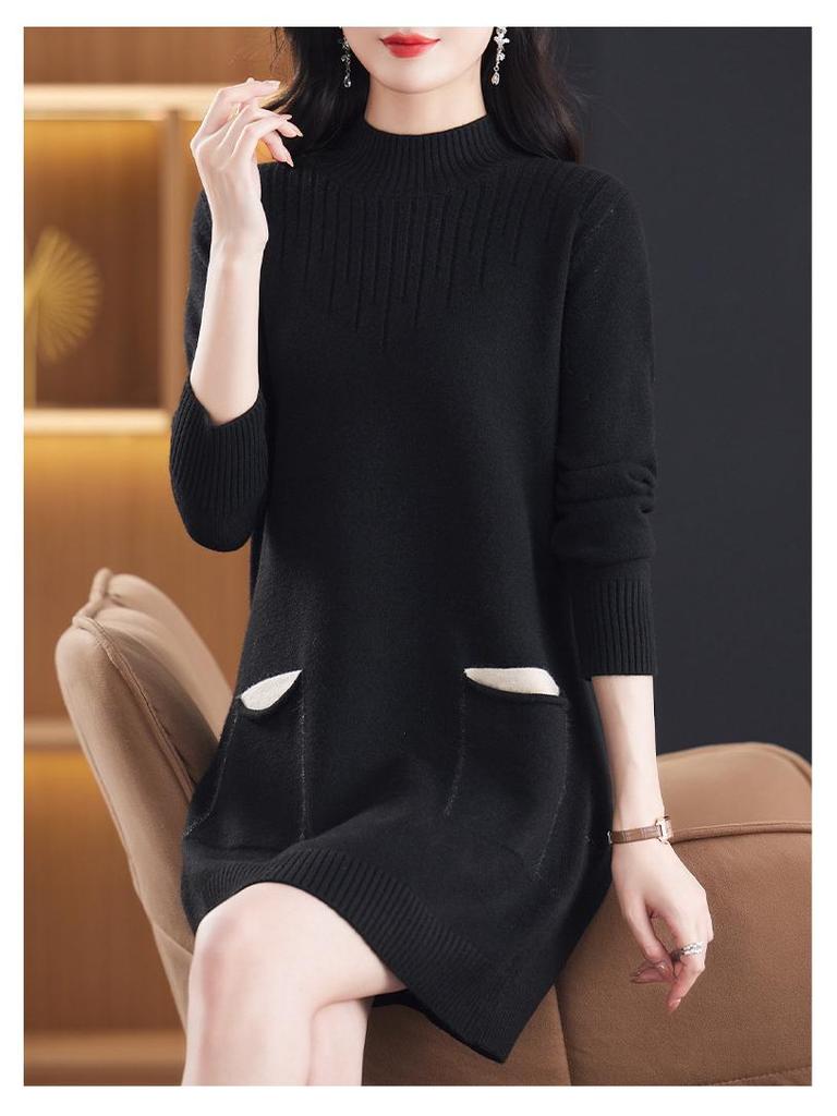 Women's Korean-Style Loose Knit Mid-Length Sweater with Pockets