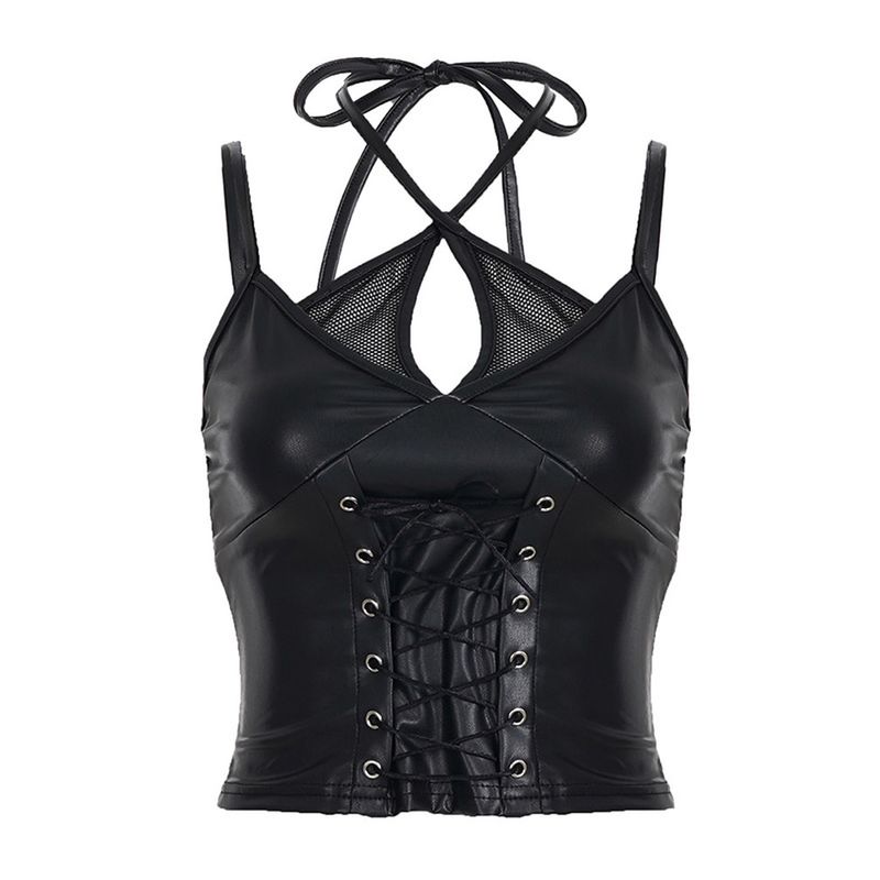 H Home European and American Women's Clothing Pull Cool Dark Corns Lace-up Patchwork Leather Strap Female Kpop Fake Two-Piece Black Corset