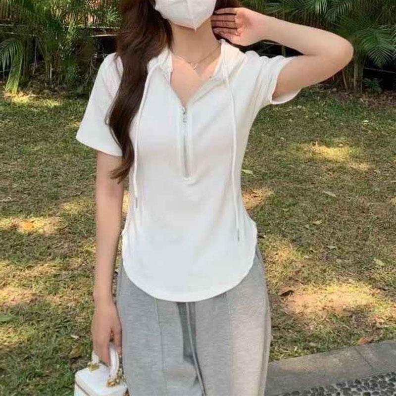 

Элегантная Мода Харадзюку Приталенная Женская Свободная Повседневная Все Подходящая Топы Однотонная Молния Круглый Вырез Короткий Рукав Худи с Капюшоном L белый