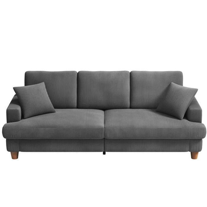 Grand Canapé 3 Places en Velours Côtelé Gris,Canapé Scandinave avec 3 coussins et 2 oreillers pour le salon,220×76×84cm