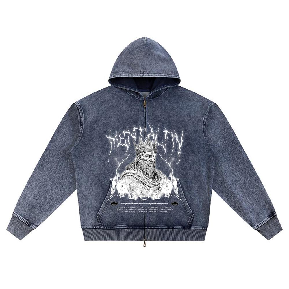 DTG print Knitted Denim Zip-Up Hoodie Mentality Death Metal Brother Print Zipper Hoodies  