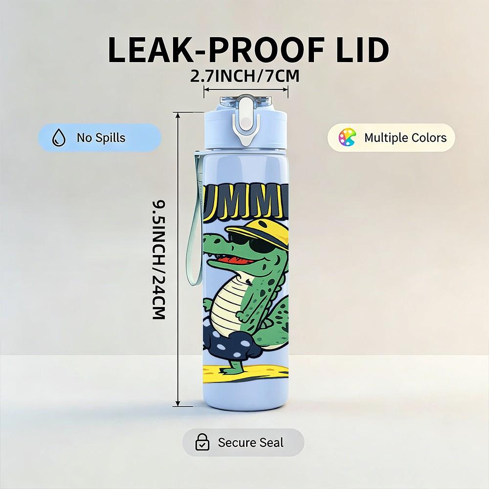 1PC Surfing Dinosaur Cartoon 750ml Color Plastic Sports Water Bottle Leakproof Flip Straw Lid Suitable for Sports Office Home Use
