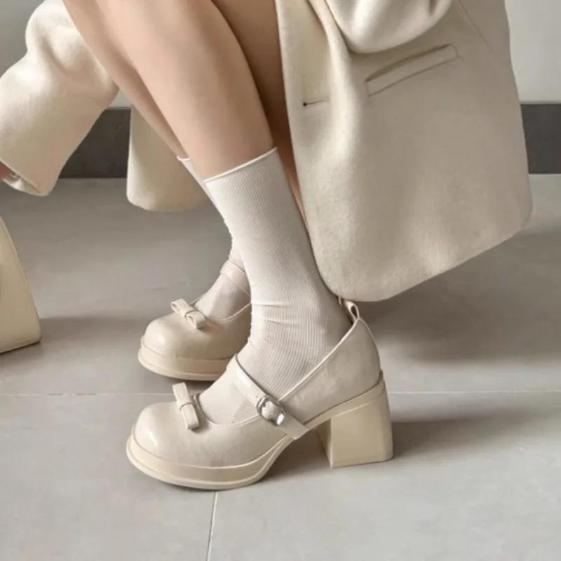 Hot Selling New Fashion Bow Mary Janes Women's Fashion Round Toe Shallow Mouth Platform Non-Slip Block Heel Single Shoes