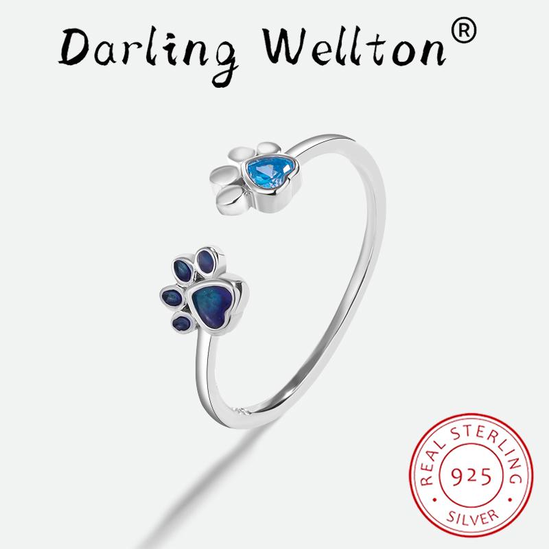 

Стильные эмалированные следы, сапфир, светло-голубой, полный циркон, пара кольца для женщин, регулирует открытие, оригинальные ювелирные изделия из стерлингового серебра белый