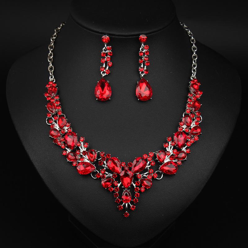 

Европейская и американская мода Хрустальное ожерелье и серьги Свадебный ювелирный набор красный