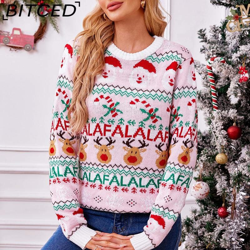 BITCED Pink Sweet Knitted Sweater for Women Autumn/Winter Christmas Pullover Long-Sleeved Jacquard Christmas Sweater