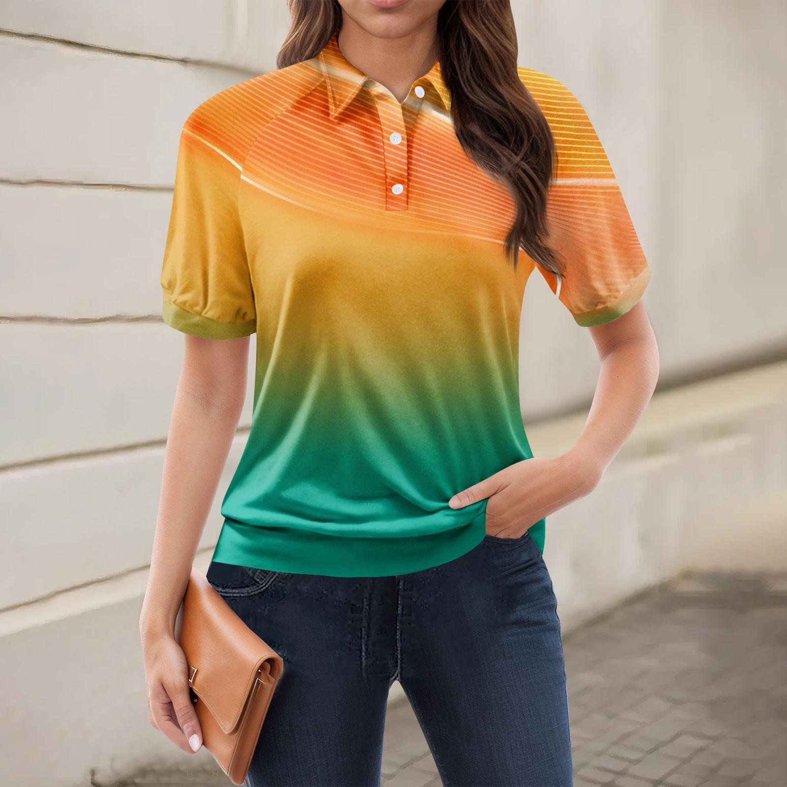 

Женская повседневная футболка с v-образным вырезом и коротким рукавом с цветочным принтом и декоративными пуговицами, топ M оранжевый