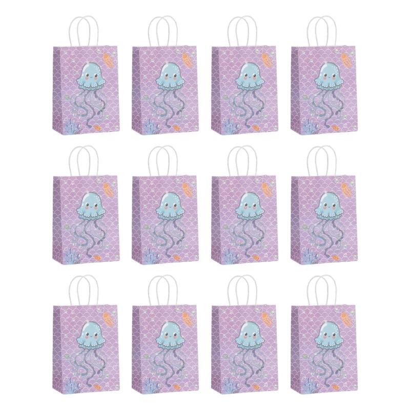 12pcs Mermaids Print Paper Gift Packaging Bag Ocean Themed Party Favors Bags with Handle Holiday Celebration Supplies