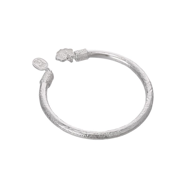 Elegant Chinese Style Auspicious Words White Copper Silver-Plated Open Bracelet - Perfect Gift for Girlfriend