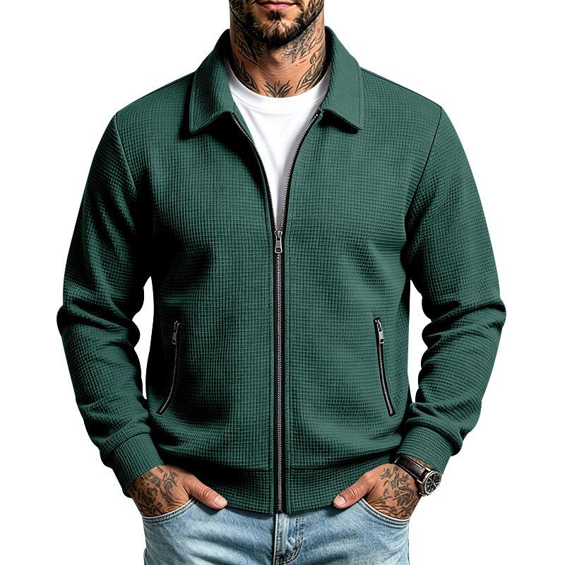 Men S Casual Waffle Knit Zip Pocket Lapel Jacket