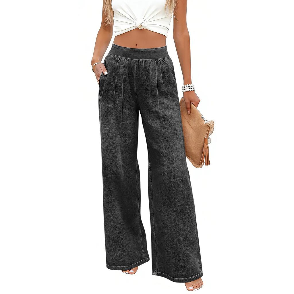 Women's Fashionable Color Elastic Waist Pocket Loose Wide Leg Imitation Denim Casual Pants