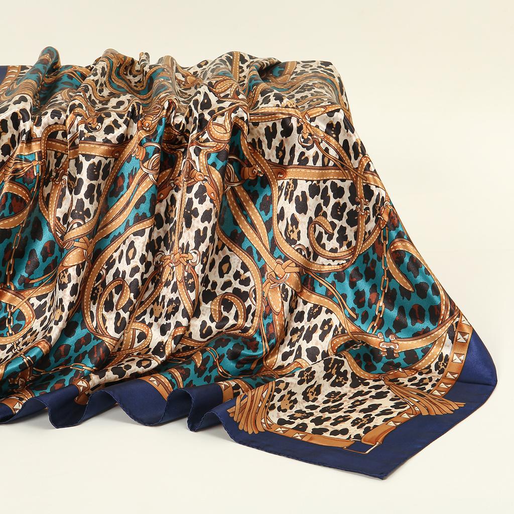90*90cm Satin Silk Square Scarf Woman Fashion Kerchief Neck Head/Hair Scarves Bandana Handkerchief Leopard Print Chain Headscarf