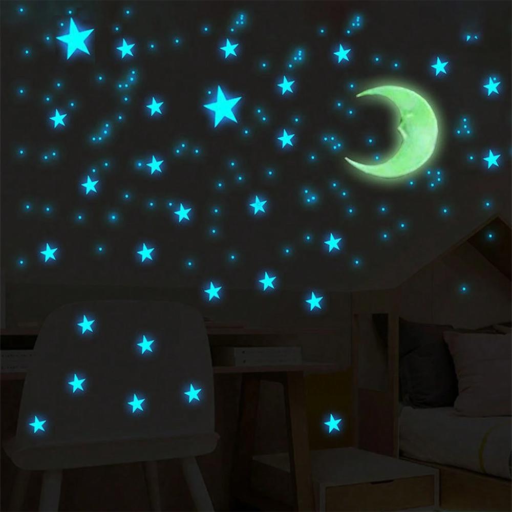 100 Pcs Luminous Fluorescent Wall Stickers 3D Stars Glow in The Dark Wall Stickers for Kids Baby Room Bedroom Ceiling Home Decor