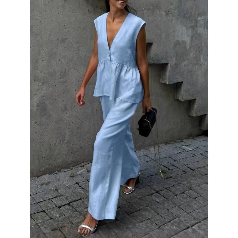 JKASHDK Women's Fashion Casual Summer Spring Solid Color Print Sleeveless V-Neck Trousers Pants Suits