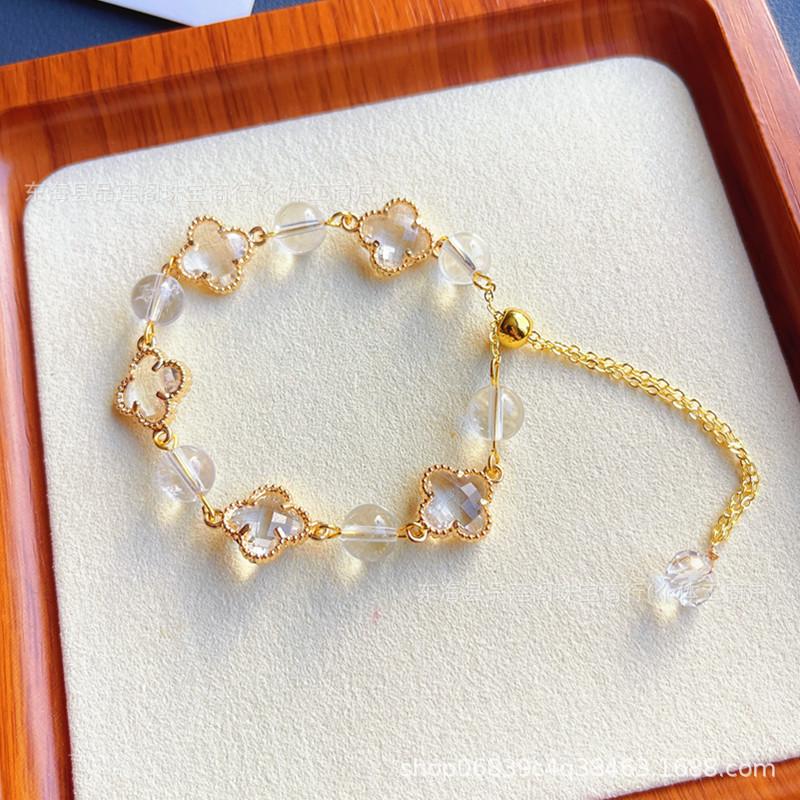 Bracelet Tour de Cristal Jaune Citrine Naturelle avec Motif Trèfle à Quatre Feuilles - Cadeau Luxe Léger Automne/Hiver pour Femmes