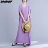 DIMANAF 2021 Plus Size Women Dress Bohemian Beach Korean Style Summer Sundress Solid Maxi Dress Loose Design Casual Long Dress