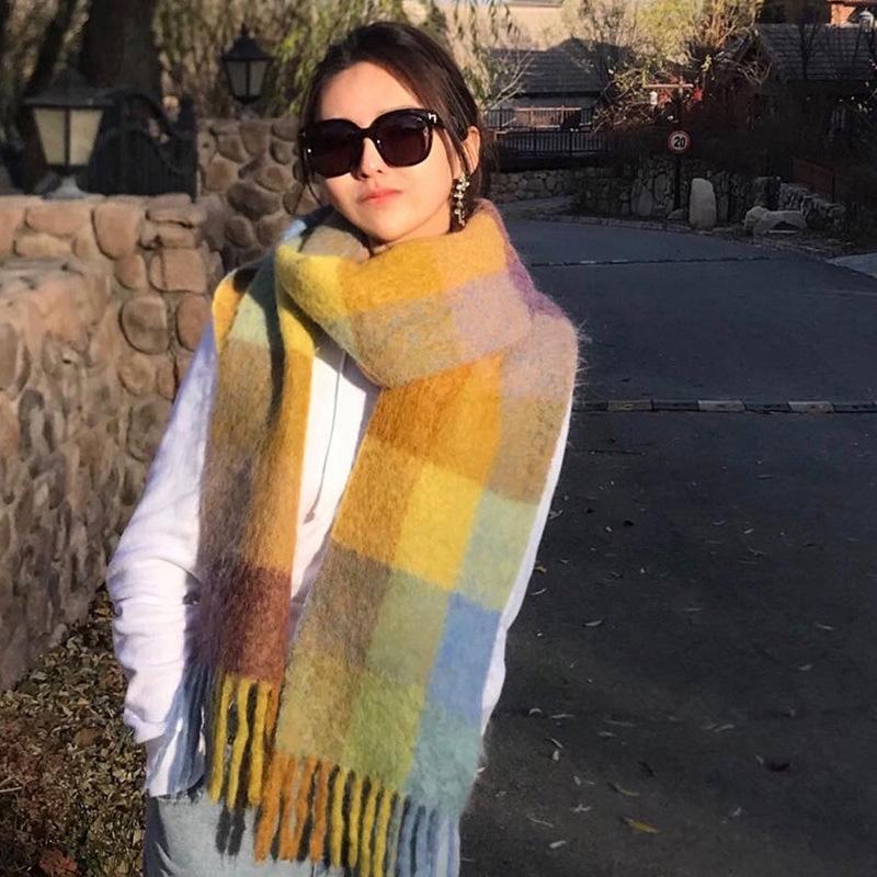 Rainbow Scarf Women's Winter Shawl Couple Colored Plaid Warm Thickened Ins Trendy Cute Girl Student Versatile