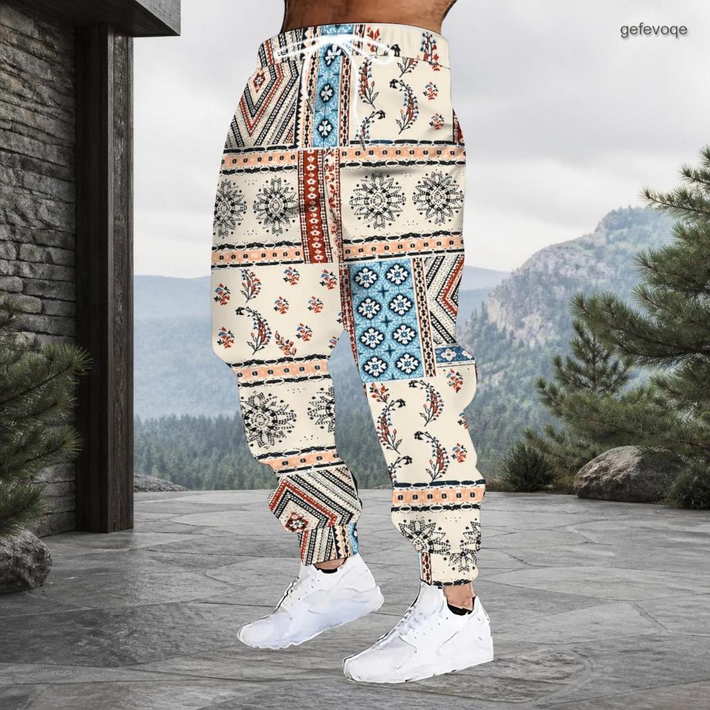 Men Plus Size Red Paisley Printed Drawstring Waist Jogger Pants Side Pockets Cuffed Ankle