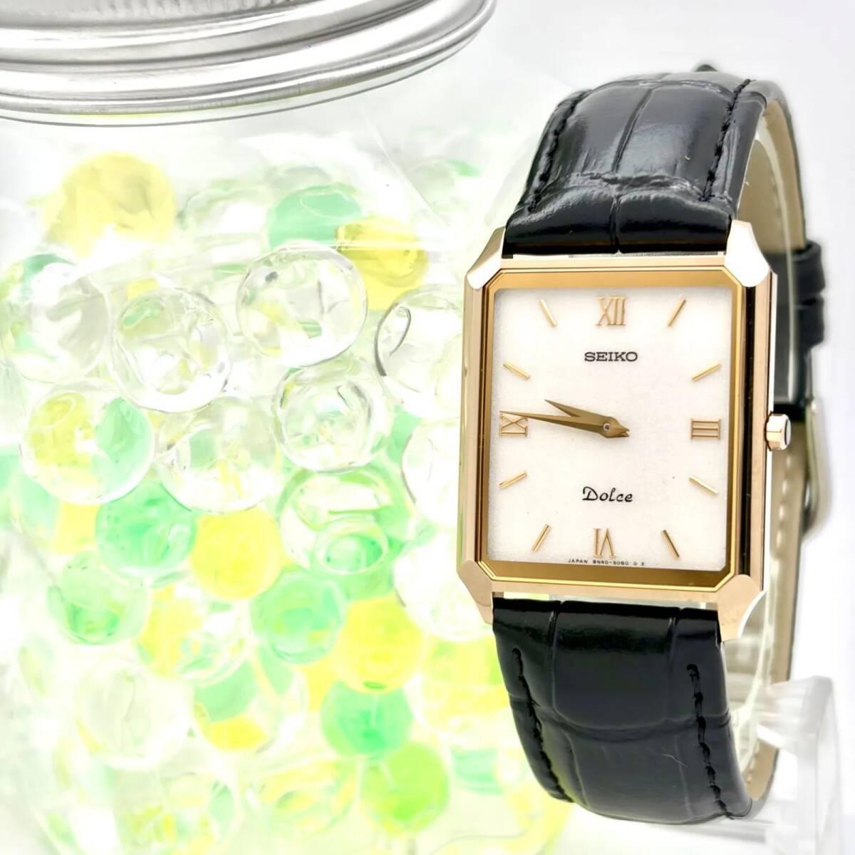 [Good Condition/New Battery] SEIKO Dolce Men s Watch Gold Rectangular Tungsten 8N40-5050 093565 New Belt