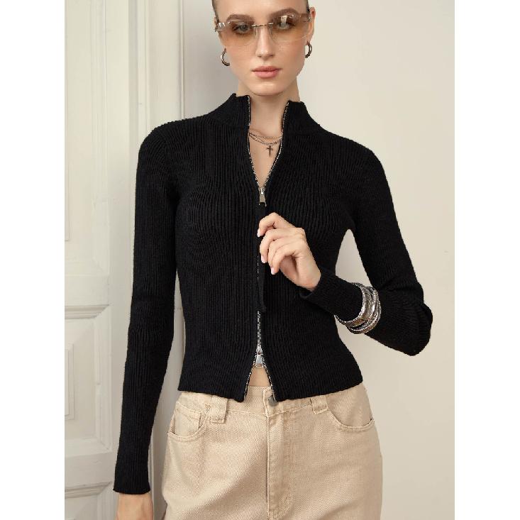 Light Luxury Original Knitted Sweater Jacket Spring And Autumn Womens Elegant Pit Stripe Double Zipper Warm Long Sleeve Jacket