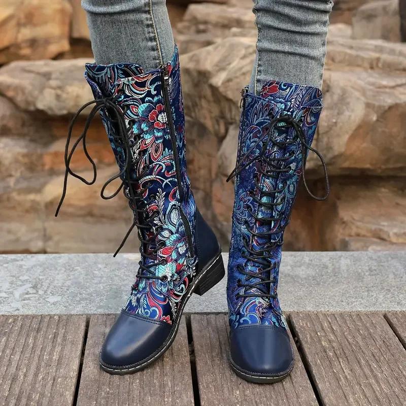 Colorful Pattern, Fashionable and Casual Medium and Long Tube Lace-up Ethnic Women's Boots