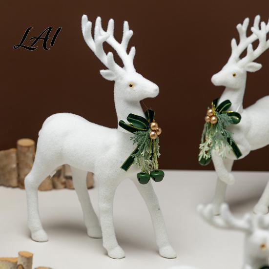 Minimalist White Flocked Ornaments Elk Ornament Ribbon Bell Decor 3D Standing Deer Stable Christmas Figurines Figurine Decorative Accents
