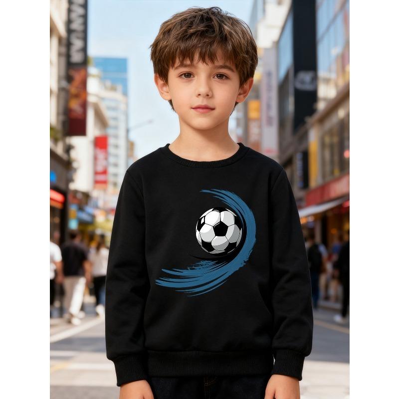 European Sizes Kids' Fashion Round Neck Pullover Sweater, Fall Winter Long Sleeve Top, Cool Soccer Print, Suitable for Daily Casual Wear