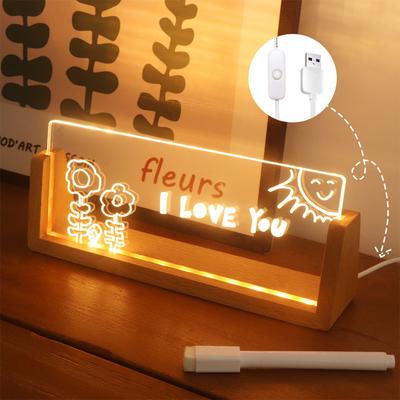 Grande planche à notes manuscrites DIY en acrylique 203×80×4mm Support en bois avec lumière LED Veilleuse Alimentation USB (Lumière chaude)