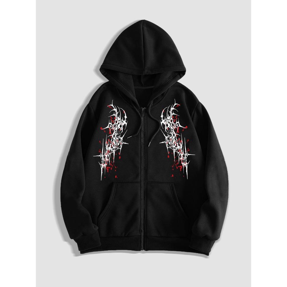 Men's Avant-garde Black Hooded Jacket with Complex Dark Graffiti and Thorn Print - Casual Zipper Cardigan for Autumn and Winter