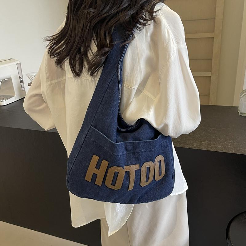 Student Shoulder Bag Letter Print Denim Bag Women's Large Capacity Commuter Tote Bag