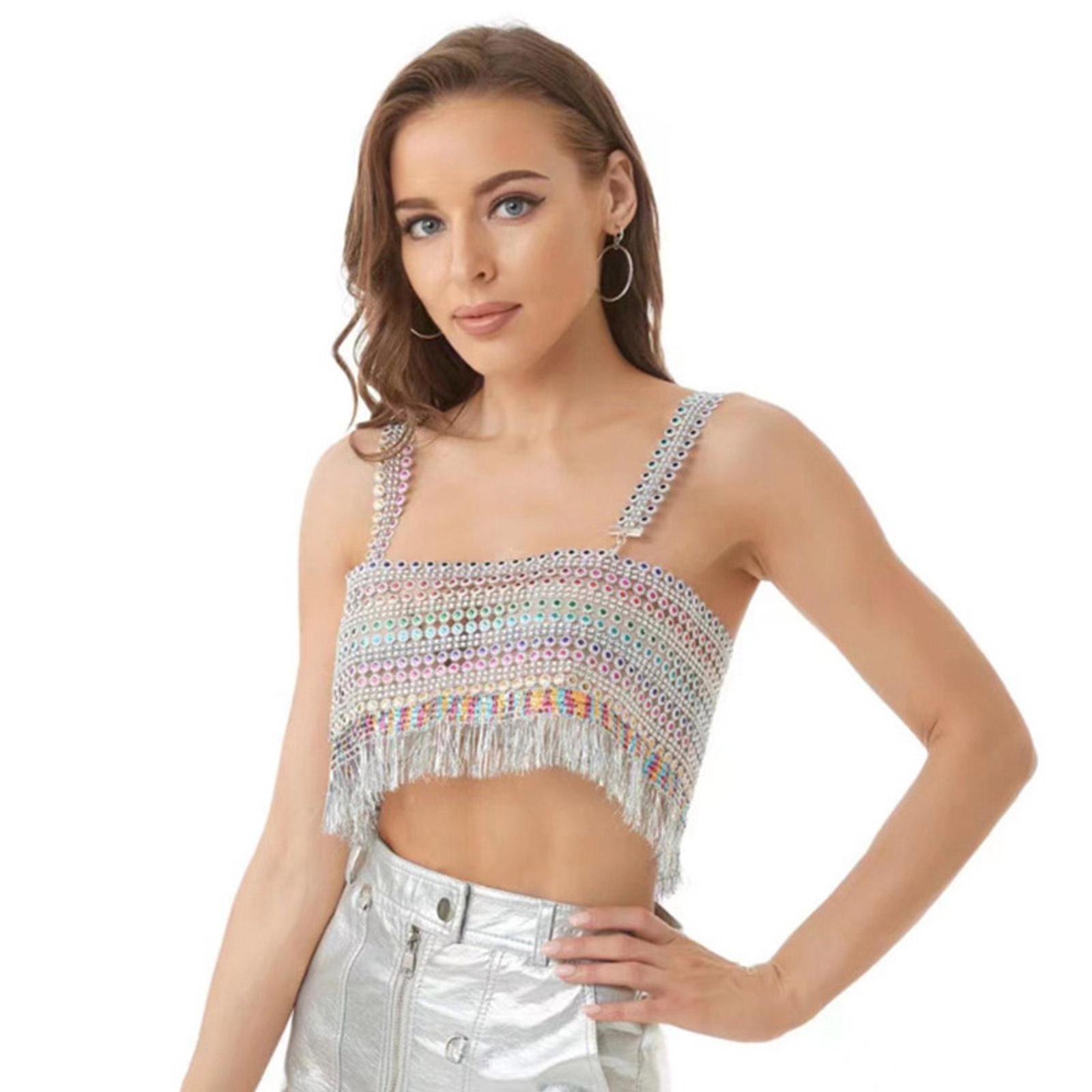 

Женский укороченный топ с цветными стразами и кисточками, сексуальный топ без рукавов с открытой спиной и украшениями для вечеринки