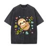 Kawaii Sloth Jungle Love Illustratio Daily Commute Vintage Distressed T Shirt Loose Washed Sleeve