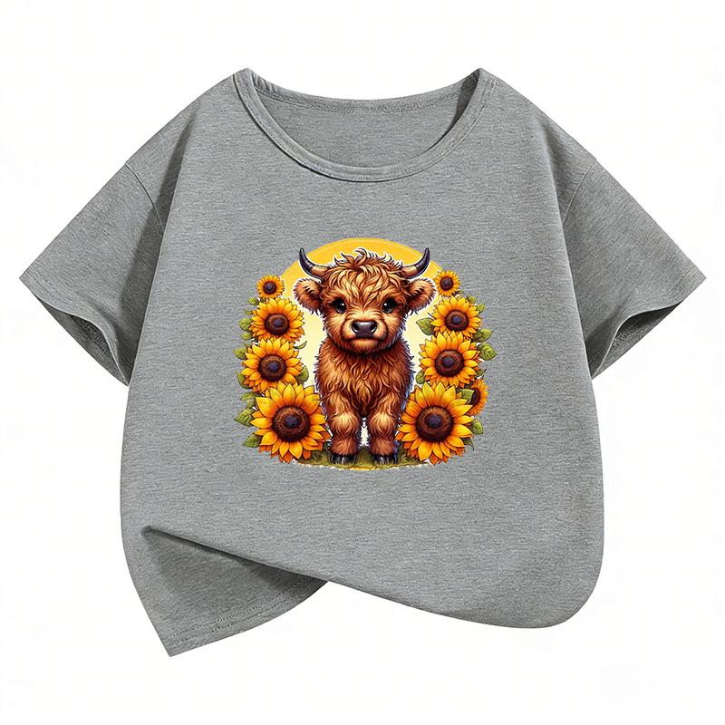 Fashion Cow with Flower Design TShirt Printed T Shirt Girls Summer Clothes Short Sleeve Tops TShirts Cute Boys Clothing