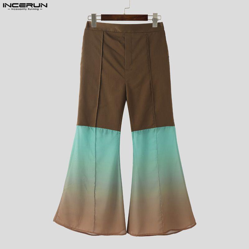 INCERUN Men Casual High Waist Sheer Gradient Patchwork Long Flare Pants Trousers