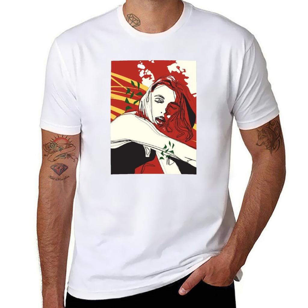 Red Line Art Illustration Unisex with Abstract Leaves TShirt High Quality Durable TShirt