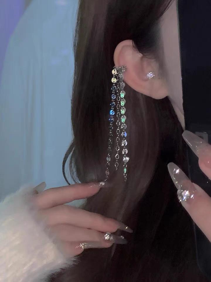 Silver Needle Sequin Tassel Earrings: Chic Cold Style, High-End Design, Fashionable Dangle for a Sophisticated Look.