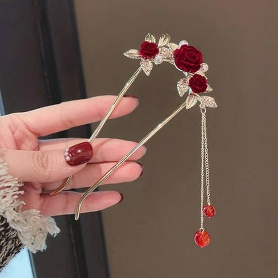 Red Camellia Tassel Hair Clips for Bridal Updo or Evening Gown